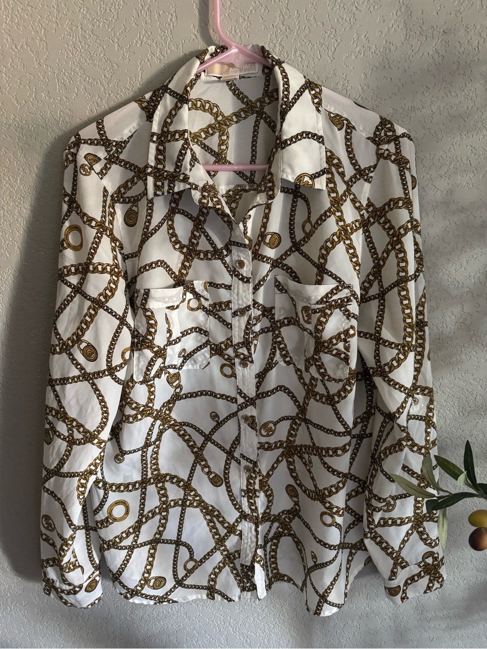 Michael Kors Chain Print Button Tab Roll Sleeve Blouse White Gold Size 14